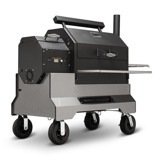 Yoder Smokers YS640s Pellet Grill on Competition Cart (Silver) + T-Stat Door Kit & Stainless Side Shelves