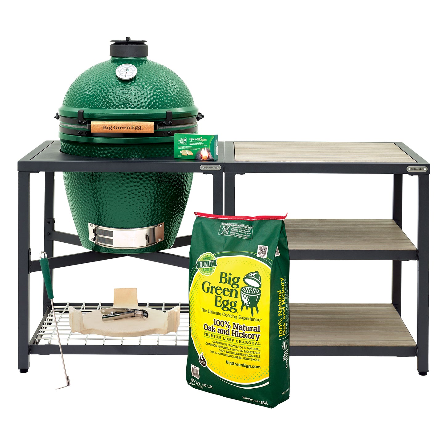 Large Big Green Egg + Modular Nest + Expansion Package- (3) Acacia or (3) Distressed Acacia