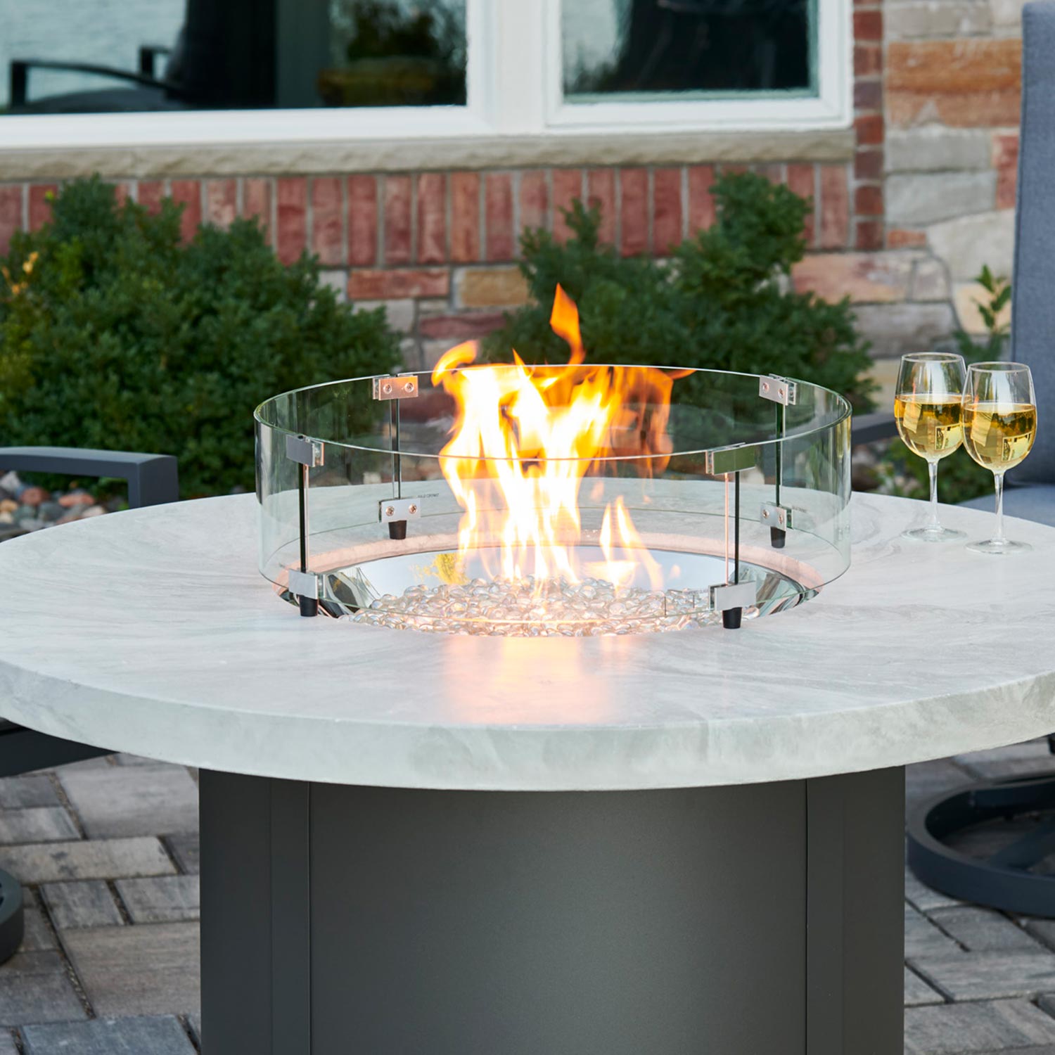 Beacon Round Gas Fire Pit Table White Onyx w Glass Guard BC 20 WO G Outdoor Home