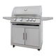 Stainless steel grill with control knobs on a white background
