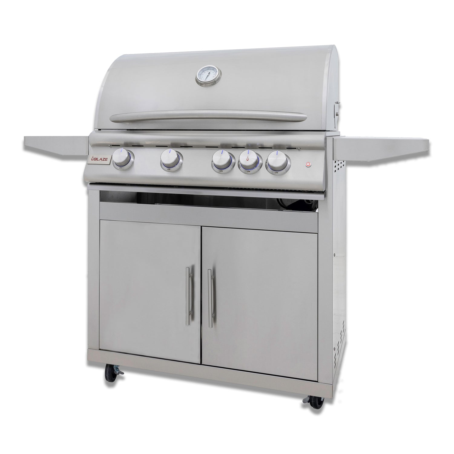 Stainless steel grill with control knobs on a white background