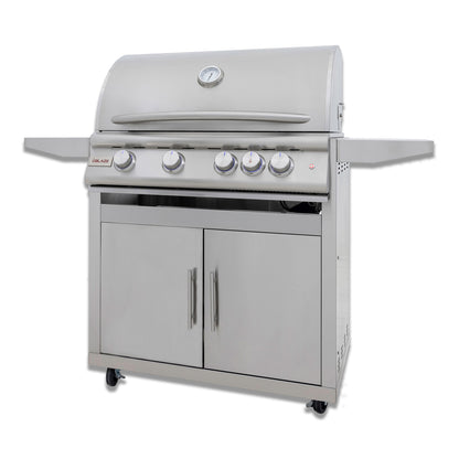 Stainless steel grill with control knobs on a white background