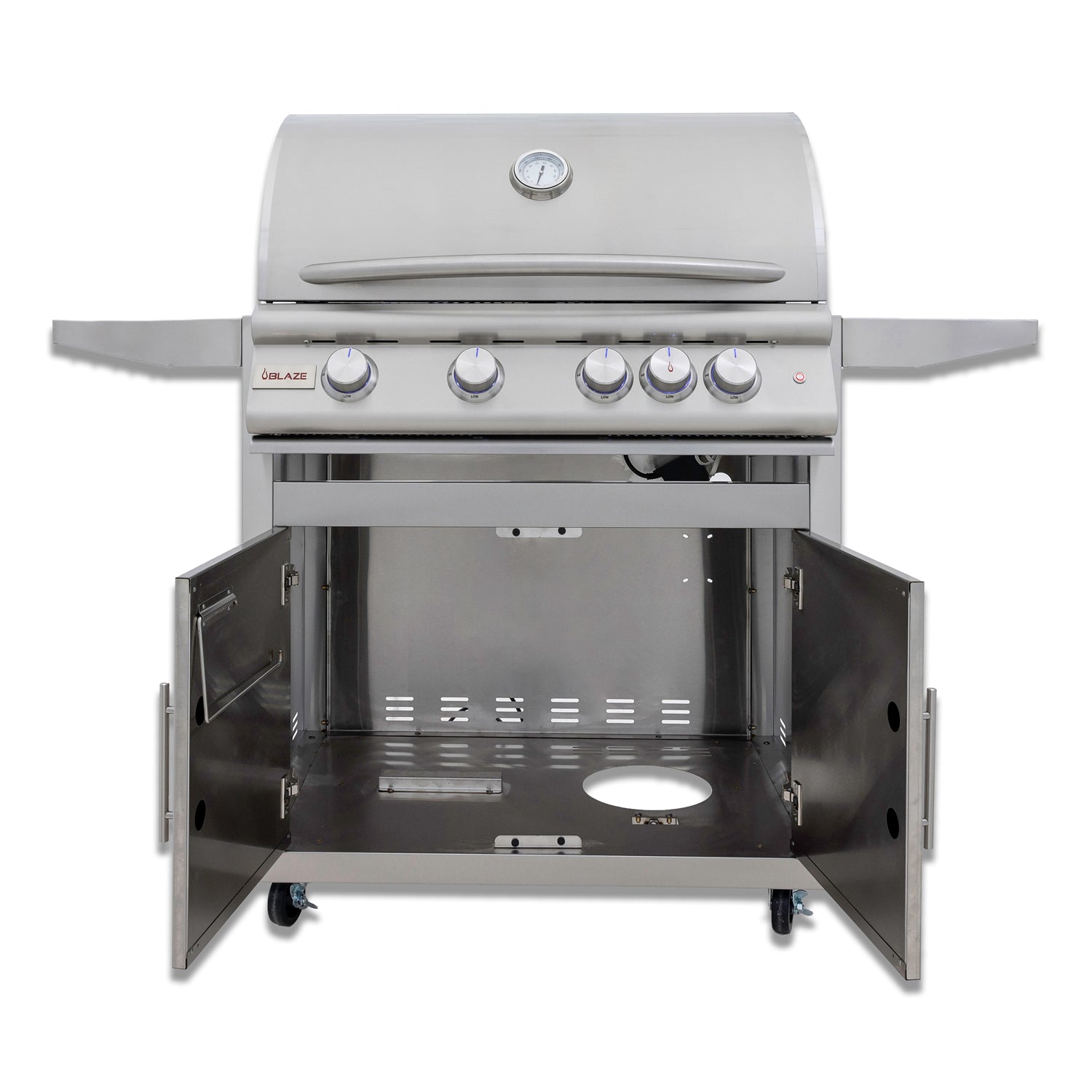 Stainless steel grill with open doors on a white background