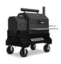 Load image into Gallery viewer, Yoder Smokers YS640s Pellet Grill on Competition Cart w/ Storage Drawer (Black) + T-Stat Door Kit &amp; Stainless Side Shelves
