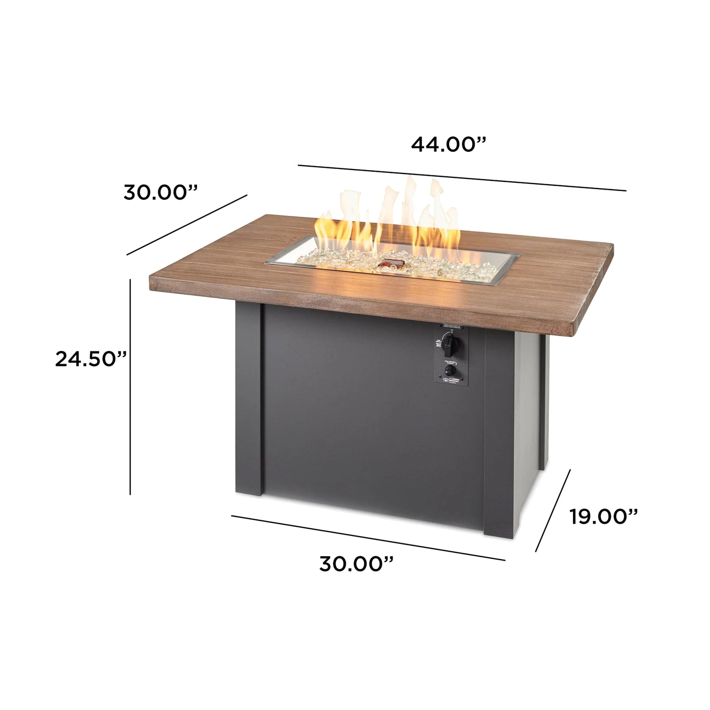 Havenwood Rectangular Gas Fire Pit Table with Driftwood Top & Luverne Black Base w/ Glass Guard HWADB-1224-K/GG-1224