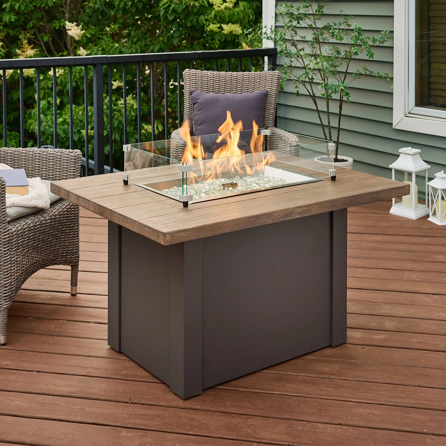 Havenwood Rectangular Gas Fire Pit Table with Driftwood Top & Luverne Black Base w/ Glass Guard HWADB-1224-K/GG-1224