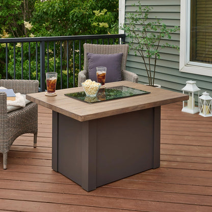 Havenwood Rectangular Gas Fire Pit Table with Driftwood Top & Luverne Black Base w/ Glass Guard HWADB-1224-K/GG-1224