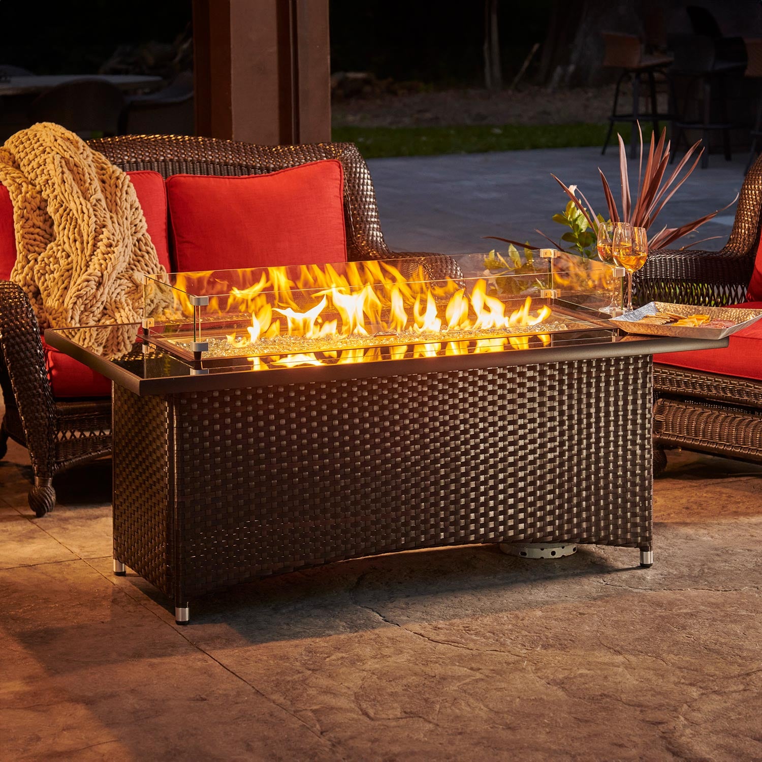 Balsam Montego Linear Gas Fire Pit Table w/ Glass Guard