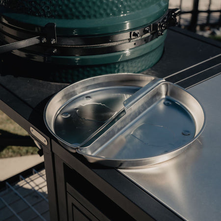 Stainless steel durable drip pans for big green egg on a white background