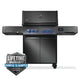 A matte black Napoleon Prestige 500 Phantom Connected gas grill with six burners, side and rear burners, and a built-in LCD display. It includes a lifetime bumper-to-bumper warranty badge.