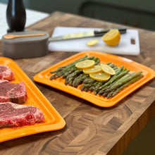 Load image into Gallery viewer, Outset Grill Prep Trays (Set of 2 Small Trays) 10.5&quot; x 10.5&quot; - Orange &amp; Black
