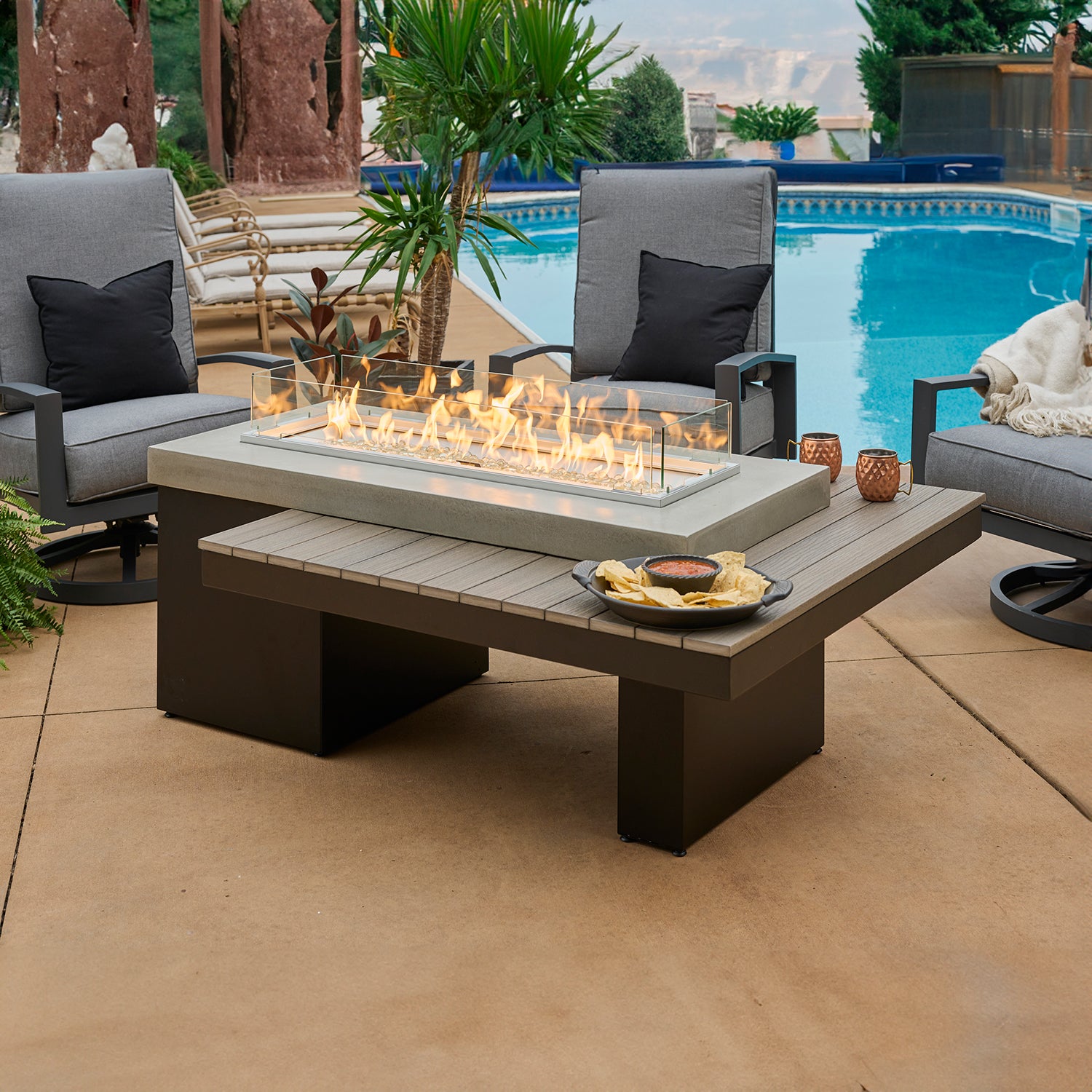 Uptown Coastal Grey Linear Gas Fire Pit Table w/ Glass Guard