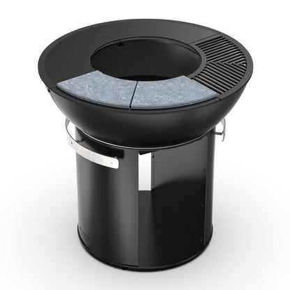 Zenith 38” Cast Iron Fire Pit with Standing Base, Grill Grate, Griddle, and Soapstone Surfaces