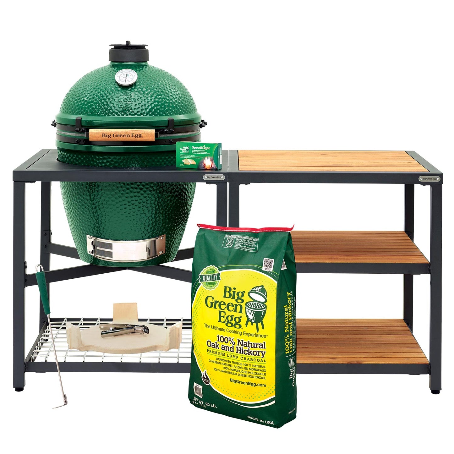 Large Big Green Egg + Modular Nest + Expansion Package- (3) Acacia or (3) Distressed Acacia