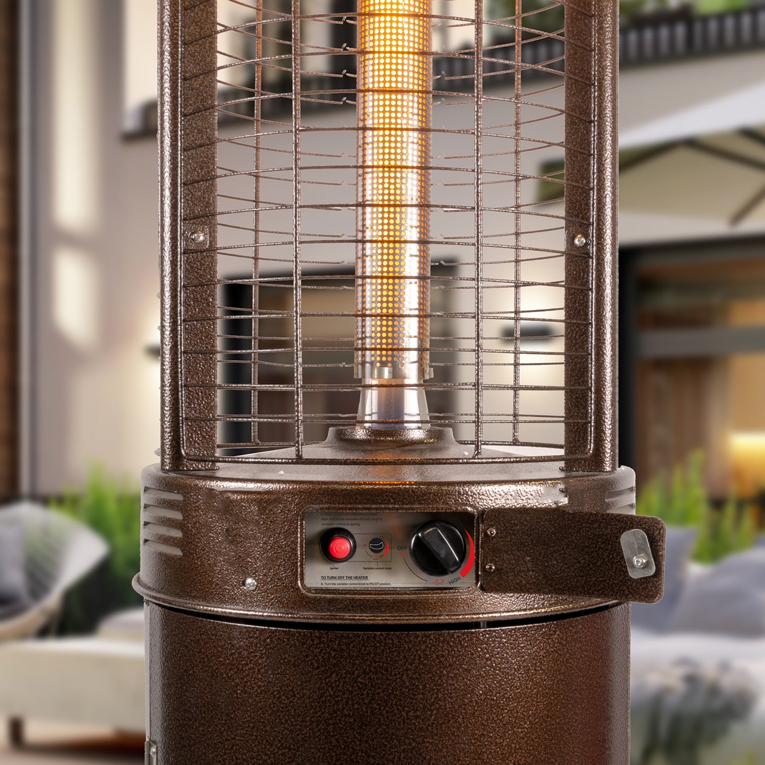 dimplex patio umbrella heater Paragon Outdoor Shine 44,000 BTU Propane Gas Flame Tower Heater (Hammered Bronze) OH-M744B