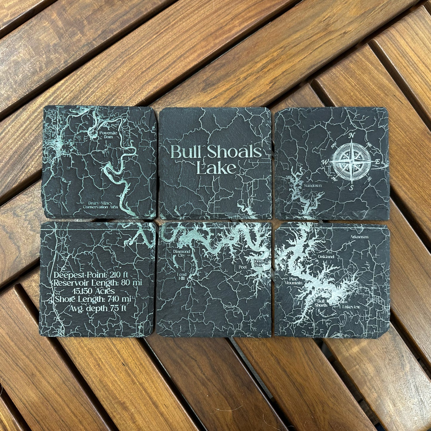 Etched Bull Shoals Lake Slate Coasters Set (6 Pack - 4"x4")