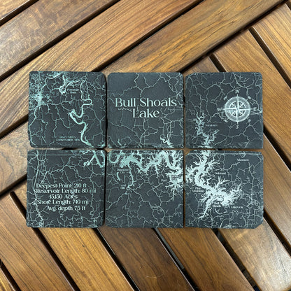 Etched Bull Shoals Lake Slate Coasters Set (6 Pack - 4"x4")