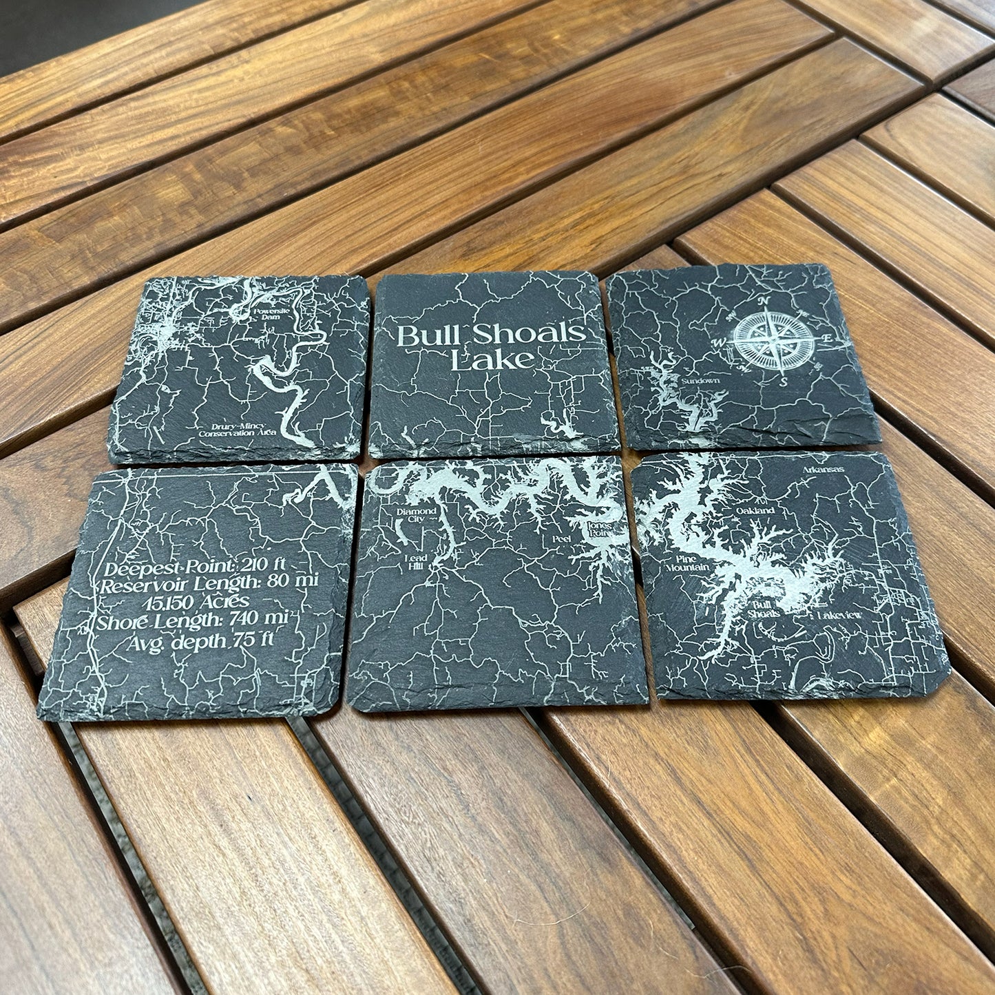 Etched Bull Shoals Lake Slate Coasters Set (6 Pack - 4"x4")