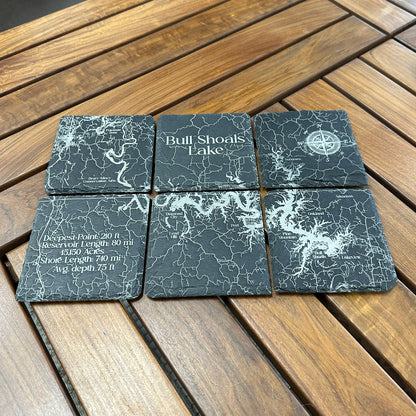 Etched Bull Shoals Lake Slate Coasters Set (6 Pack - 4"x4")