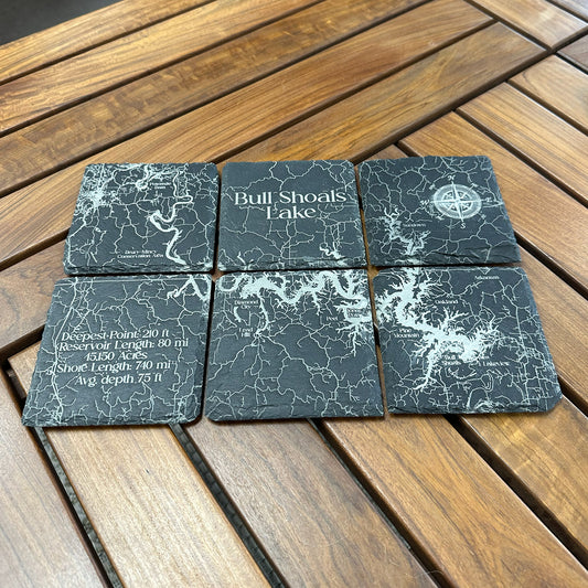 Etched Bull Shoals Lake Slate Coasters Set (6 Pack - 4"x4")