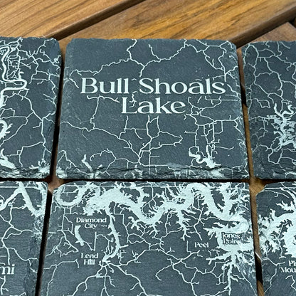 Etched Bull Shoals Lake Slate Coasters Set (6 Pack - 4"x4")
