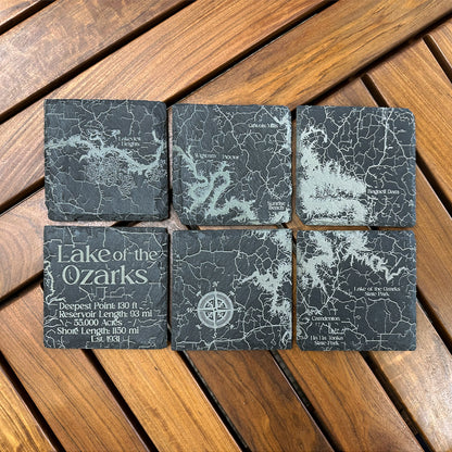 Etched Lake of the Ozarks Slate Coasters Set (6 Pack - 4"x4")
