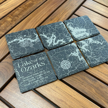 Etched Lake of the Ozarks Slate Coasters Set (6 Pack - 4"x4")