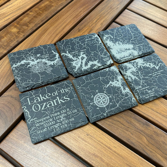 Etched Lake of the Ozarks Slate Coasters Set (6 Pack - 4"x4")