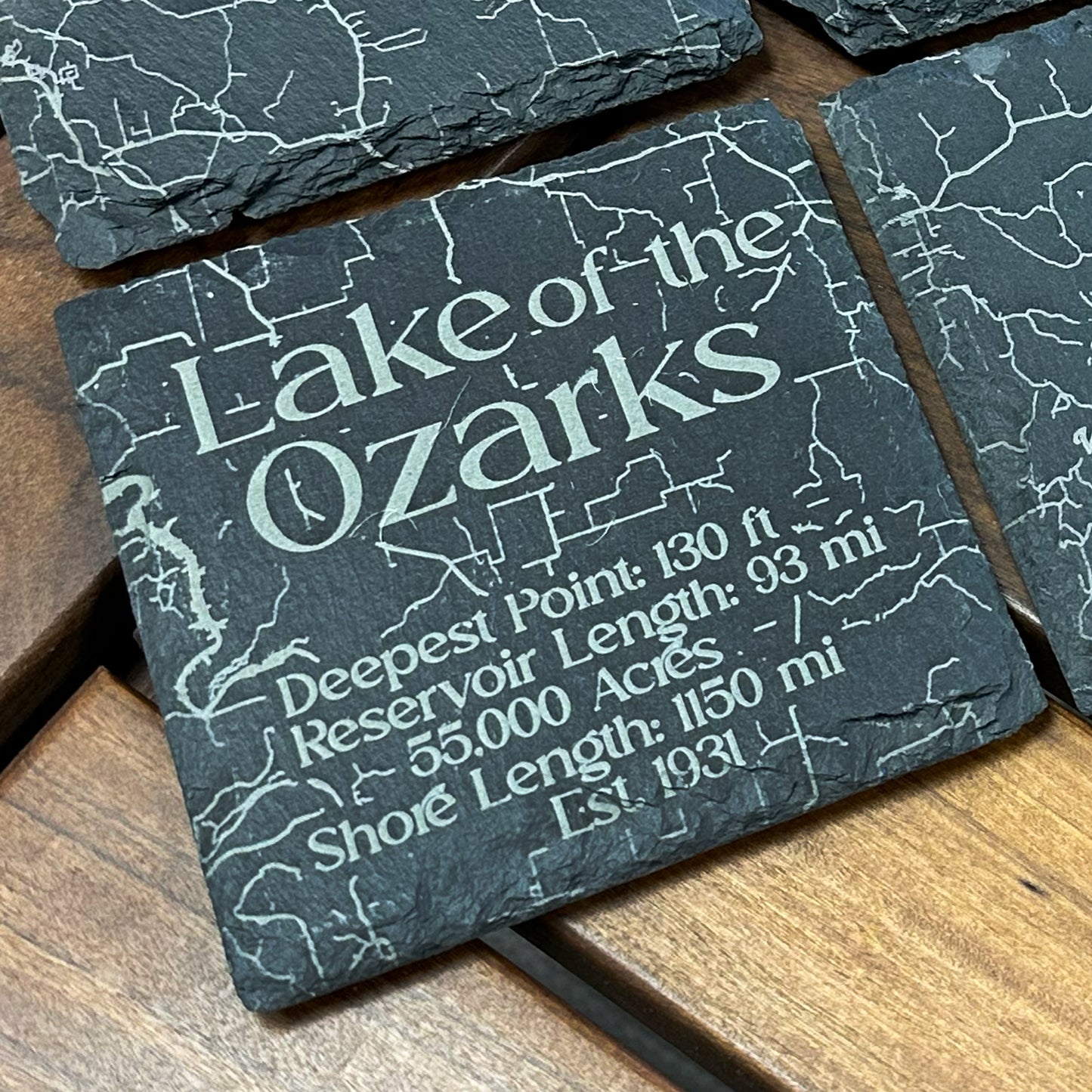 Etched Lake of the Ozarks Slate Coasters Set (6 Pack - 4"x4")