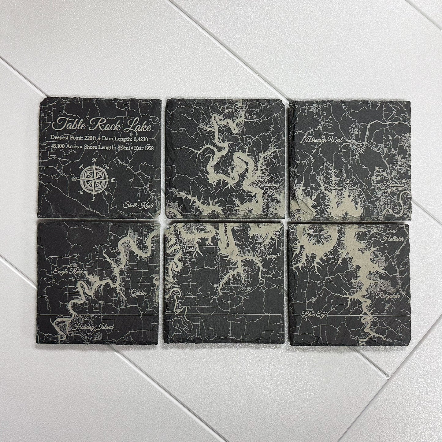Fire & Pine 6 Pack Slate/Square Coasters 4" X 4" (Etched Table Rock Lake)