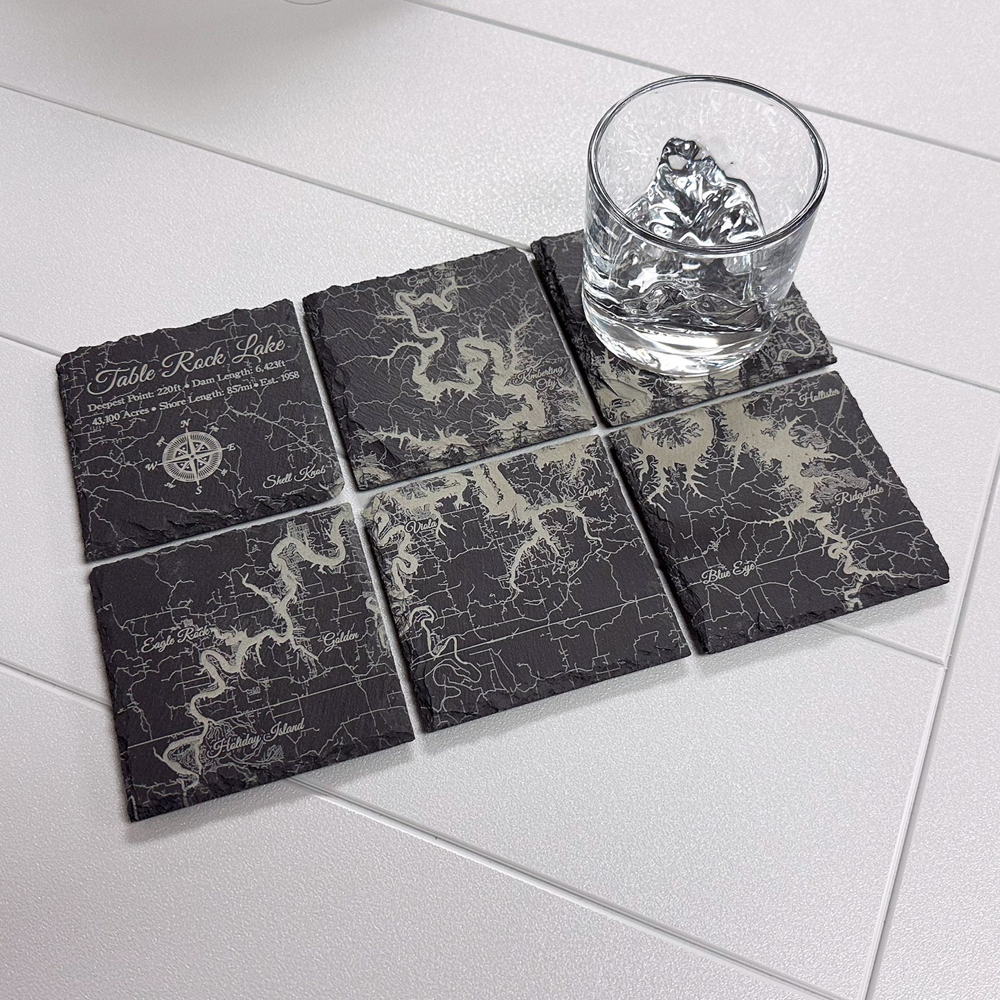 Fire & Pine 6 Pack Slate/Square Coasters 4" X 4" (Etched Table Rock Lake)