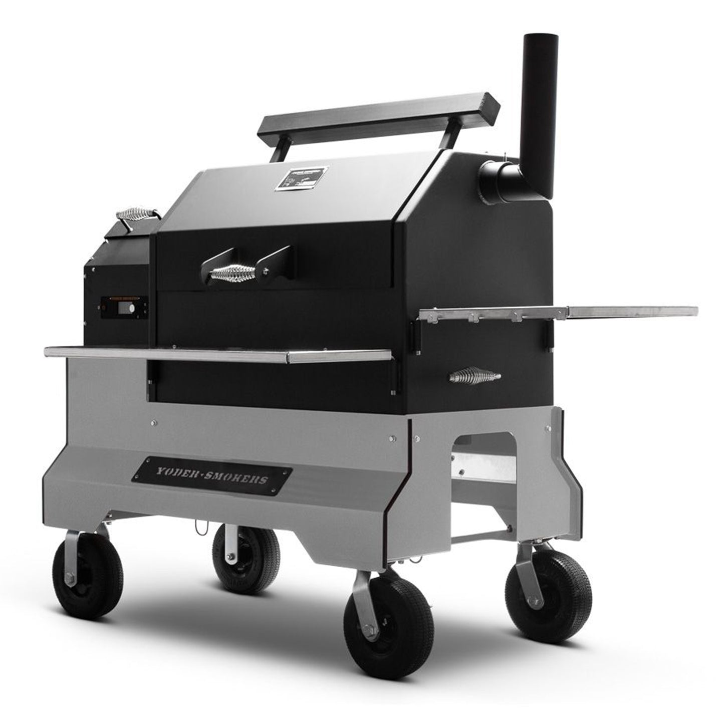 Yoder Smokers YS640s Pellet Grill on Competition Cart (Silver) + T-Stat Door Kit & Stainless Side Shelves